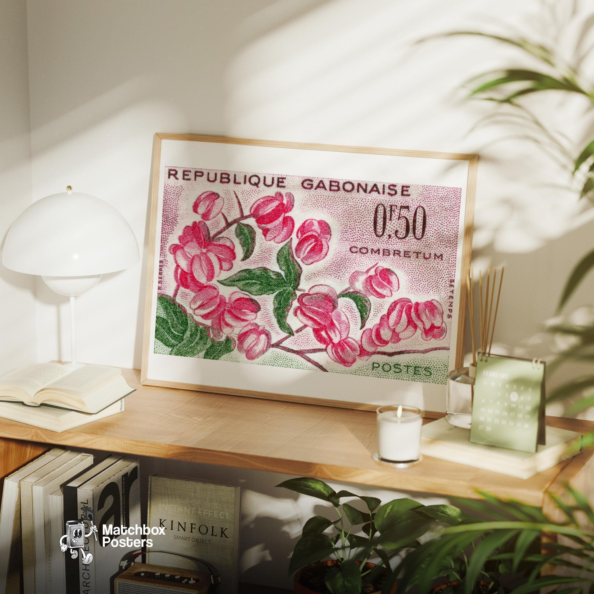 Pink Combretum Flowers Republique Gabonaise - vintage matchbox label print - office wall
