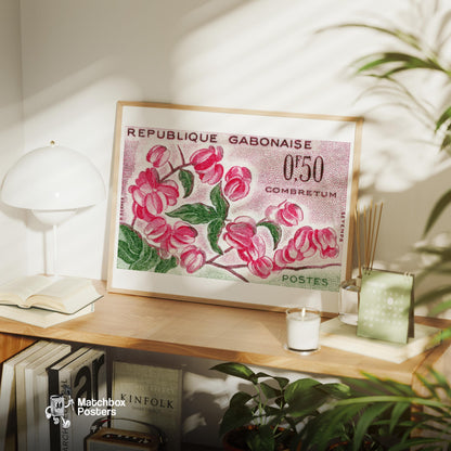 Pink Combretum Flowers Republique Gabonaise - vintage matchbox label print - office wall