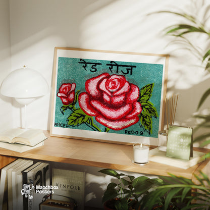 Red Rose - vintage matchbox label print - office wall
