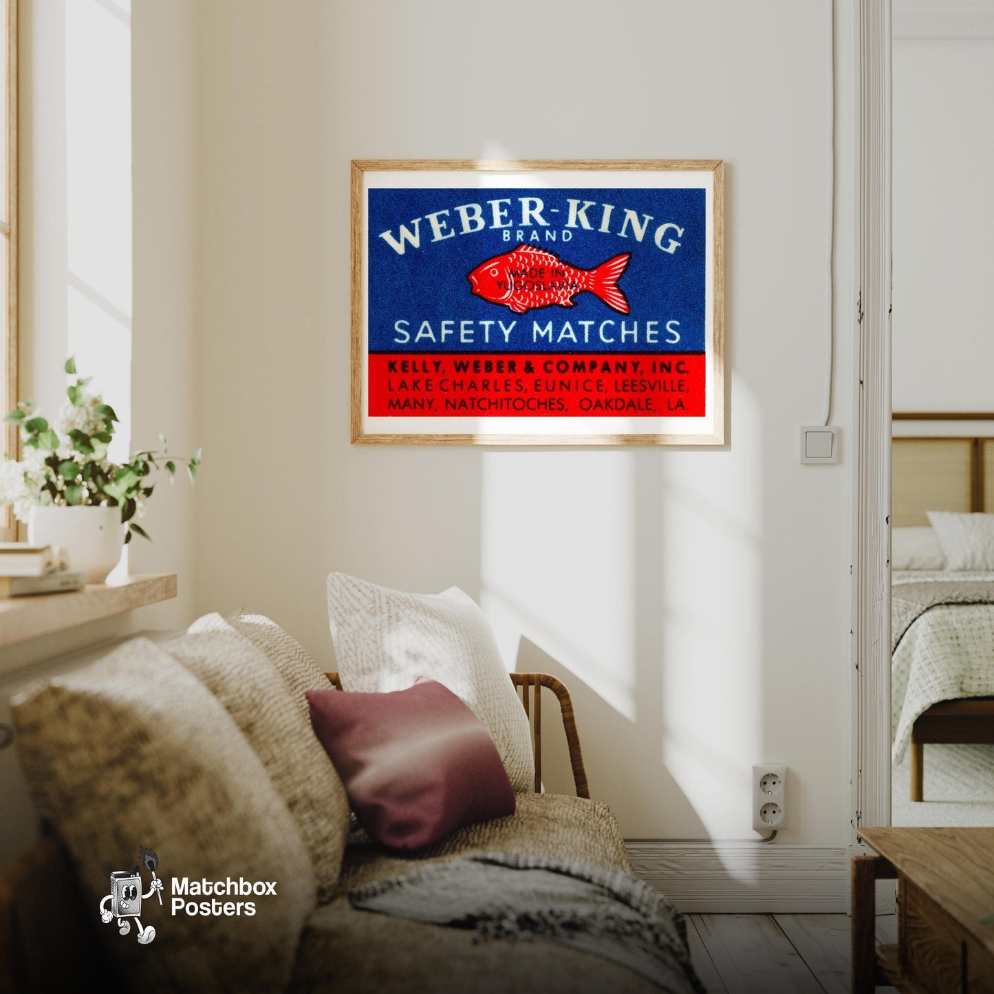 Red Fish - vintage matchbox label print - living room mockup