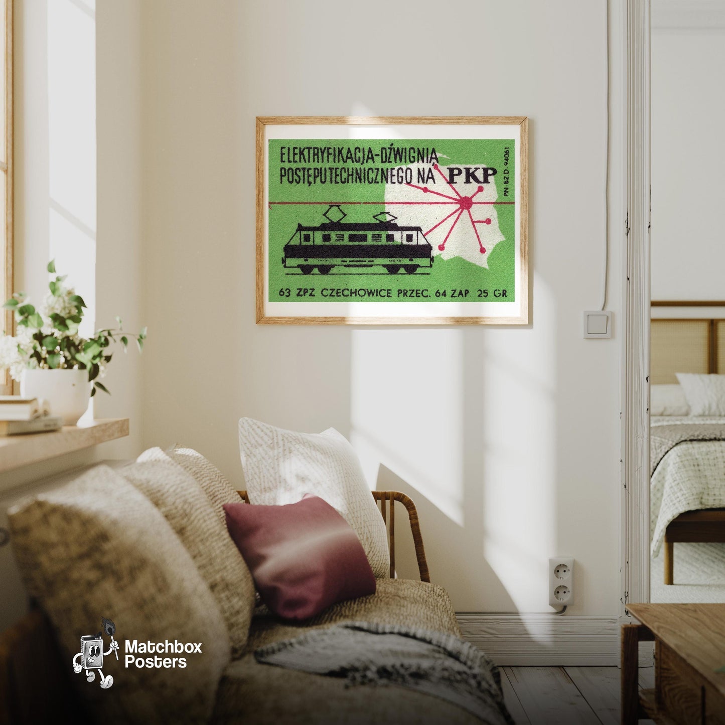 Electric Train - vintage matchbox label print - living room mockup
