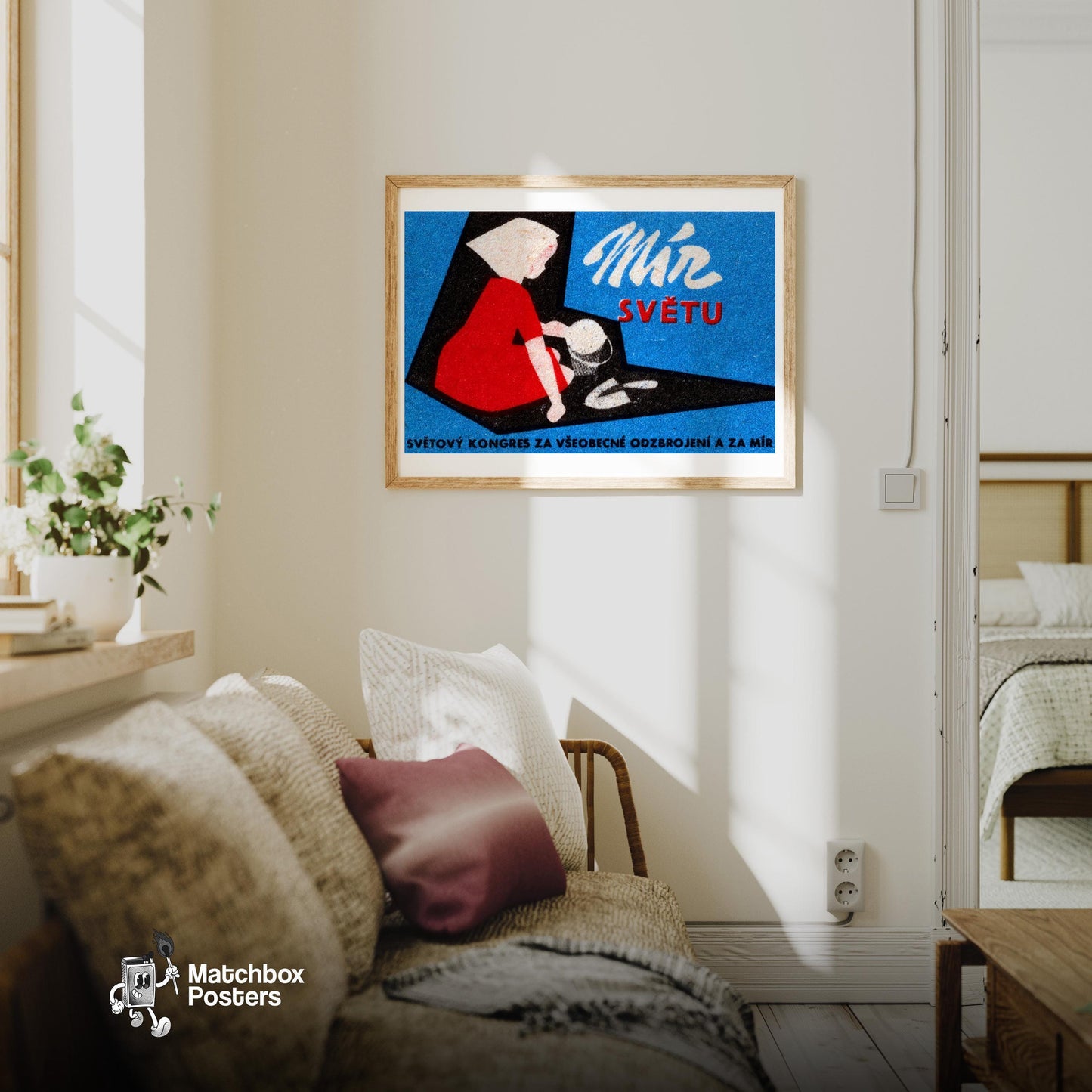 Peace for the World - vintage matchbox label print - living room mockup