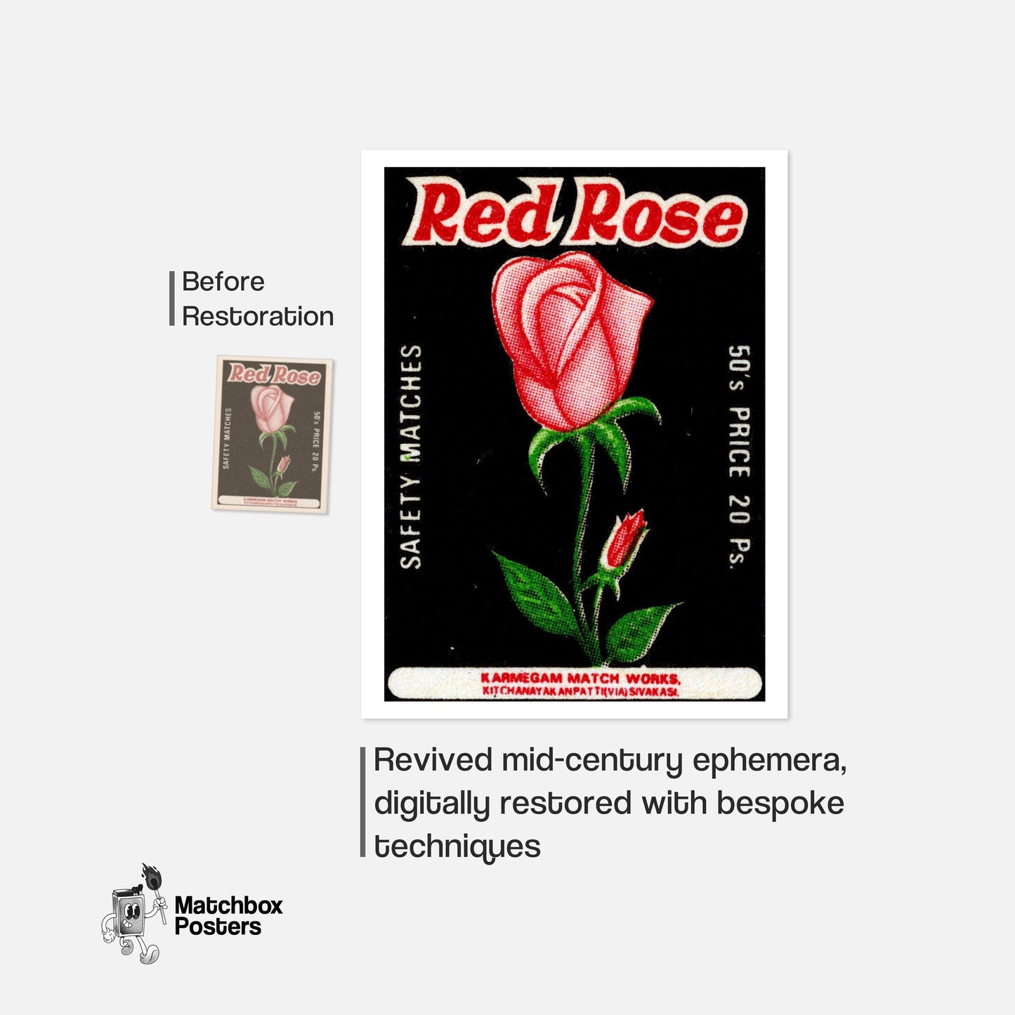 Red Rose - vintage matchbox label print - framed wall art preview