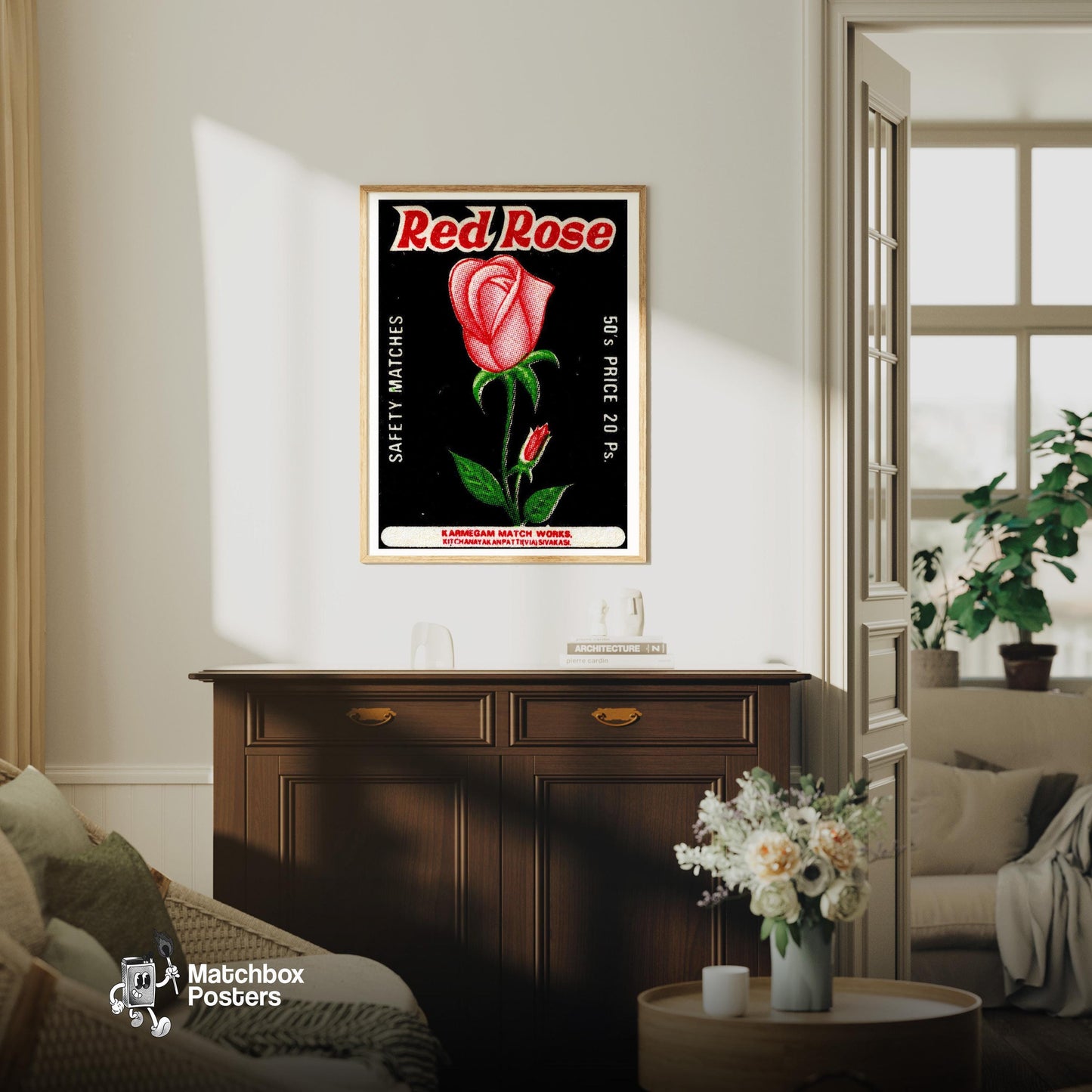 Red Rose - vintage matchbox label print - living room mockup