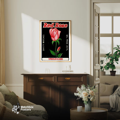 Red Rose - vintage matchbox label print - living room mockup