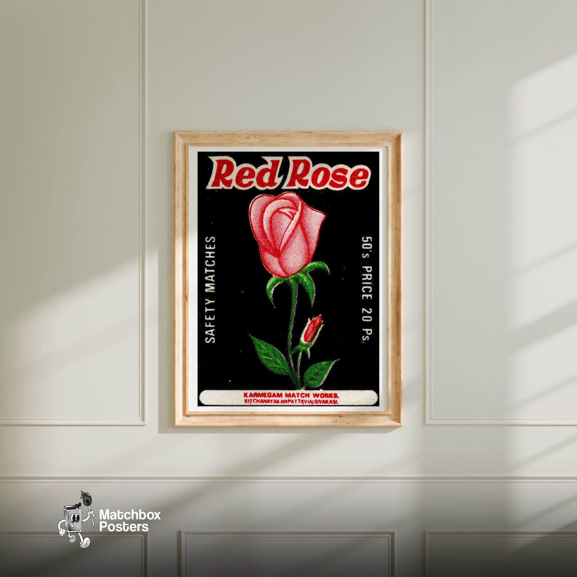 Red Rose - vintage matchbox label print - bedroom mockup