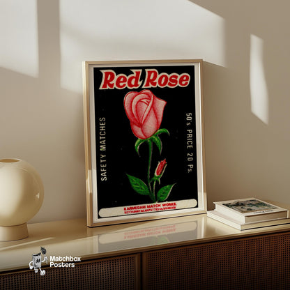 Red Rose - vintage matchbox label print - size comparison