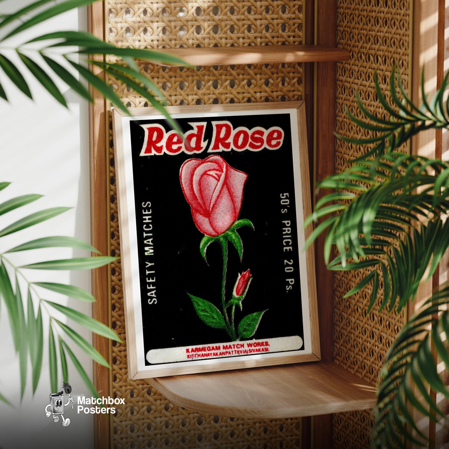 Red Rose - vintage matchbox label print - office wall