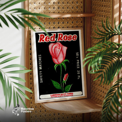 Red Rose - vintage matchbox label print - office wall