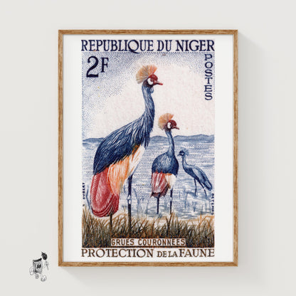 Black Crowned Crane - vintage matchbox label print