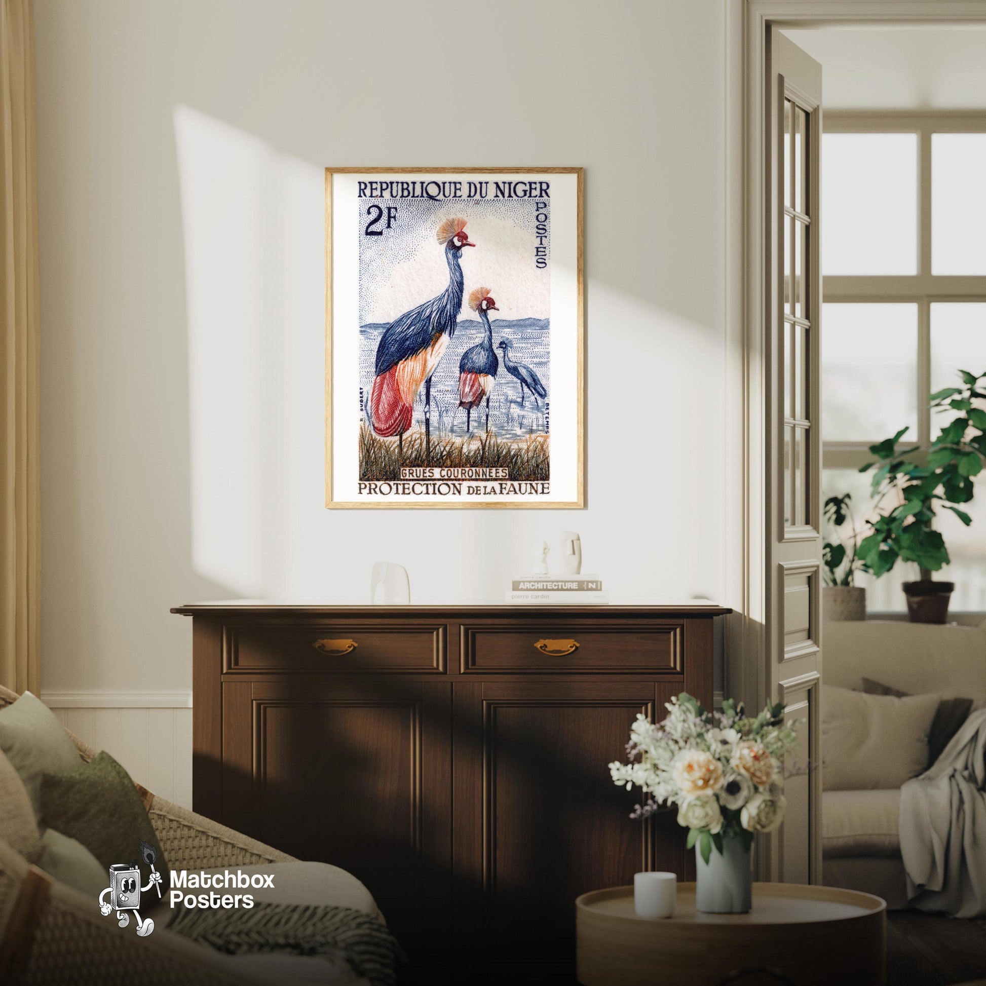 Black Crowned Crane - vintage matchbox label print - living room mockup