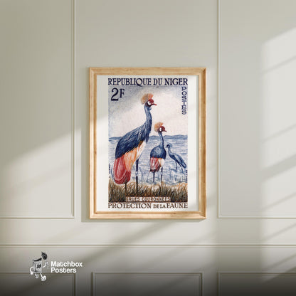 Black Crowned Crane - vintage matchbox label print - bedroom mockup