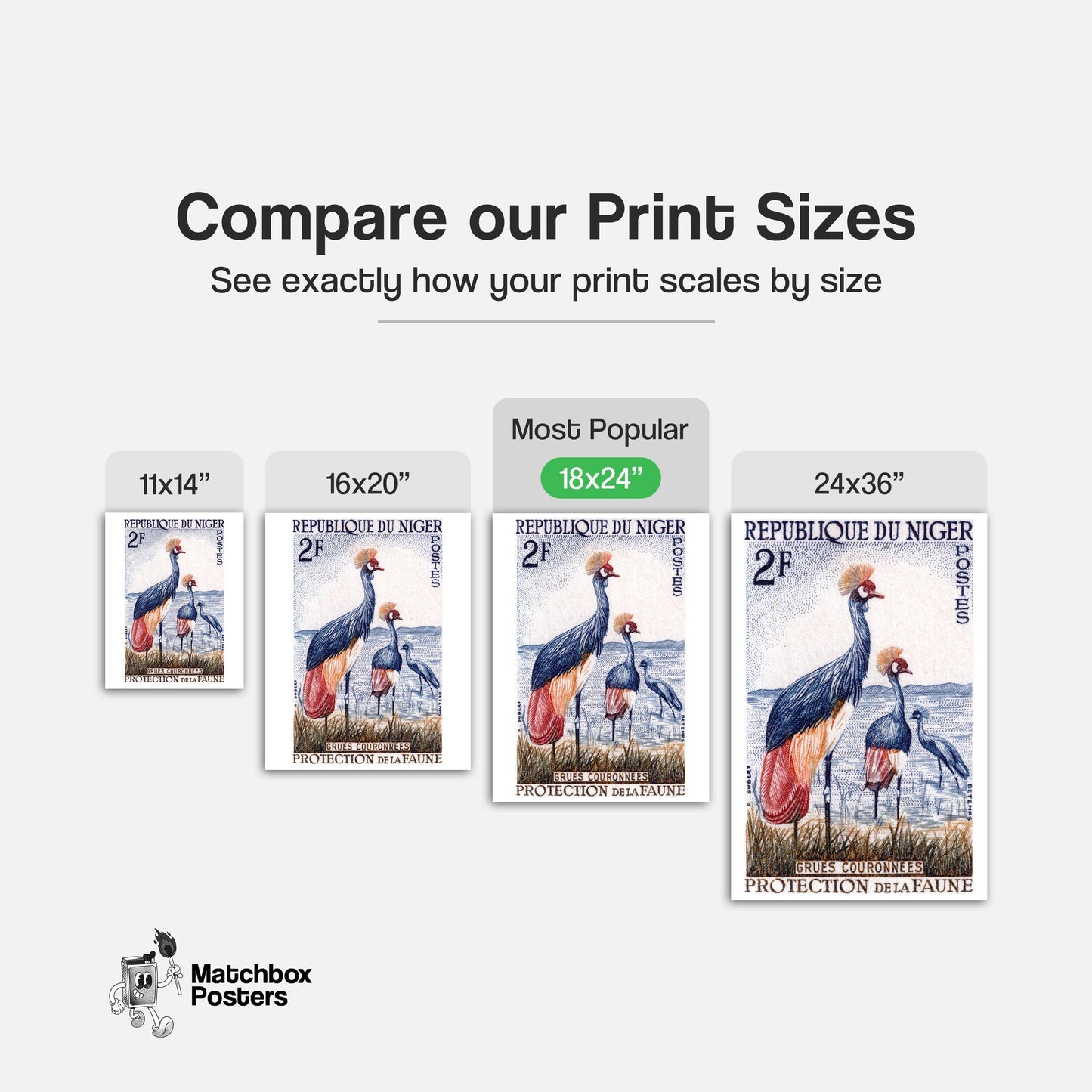 Black Crowned Crane - vintage matchbox label print - gallery wall preview
