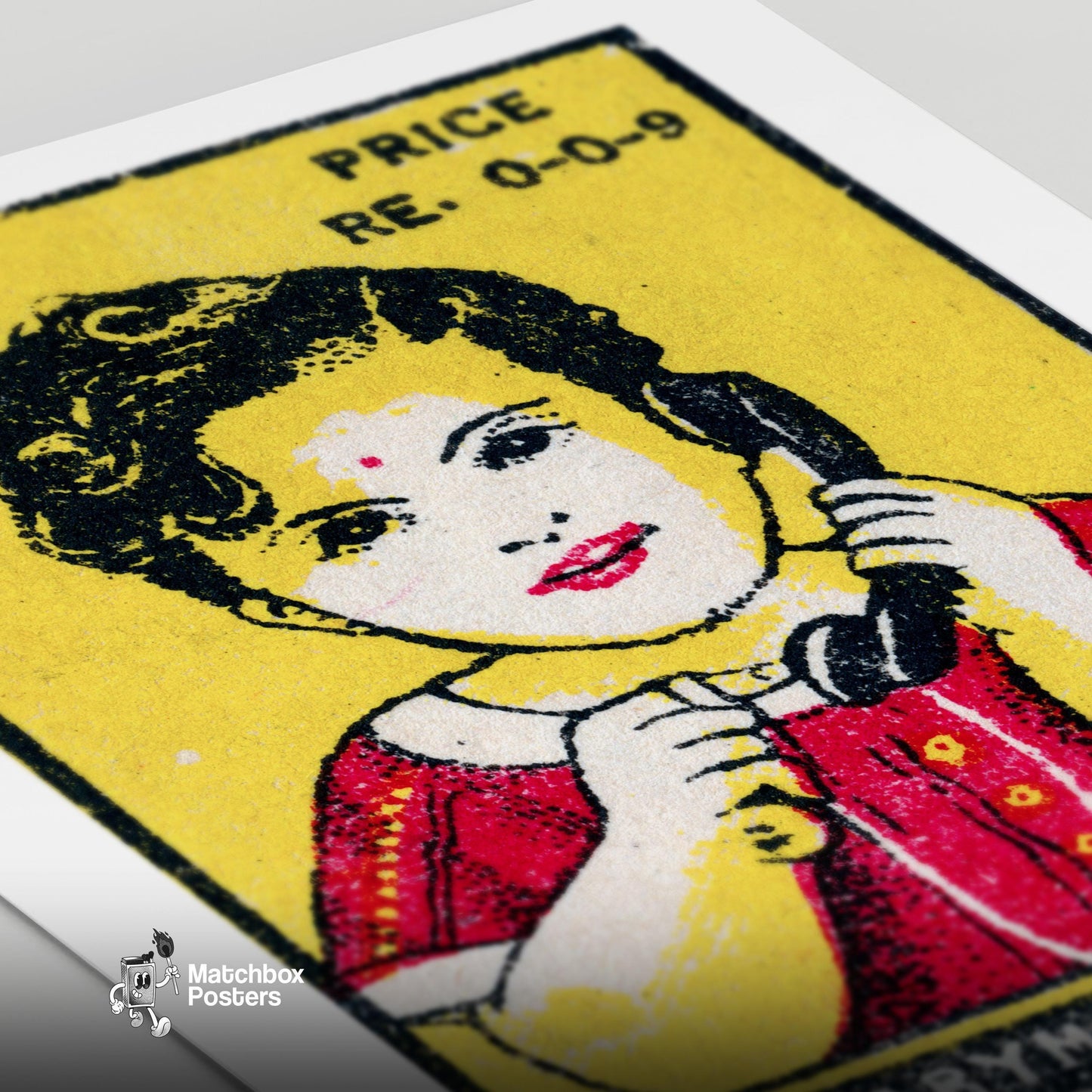 Child with Telephone - vintage matchbox label print - close-up detail