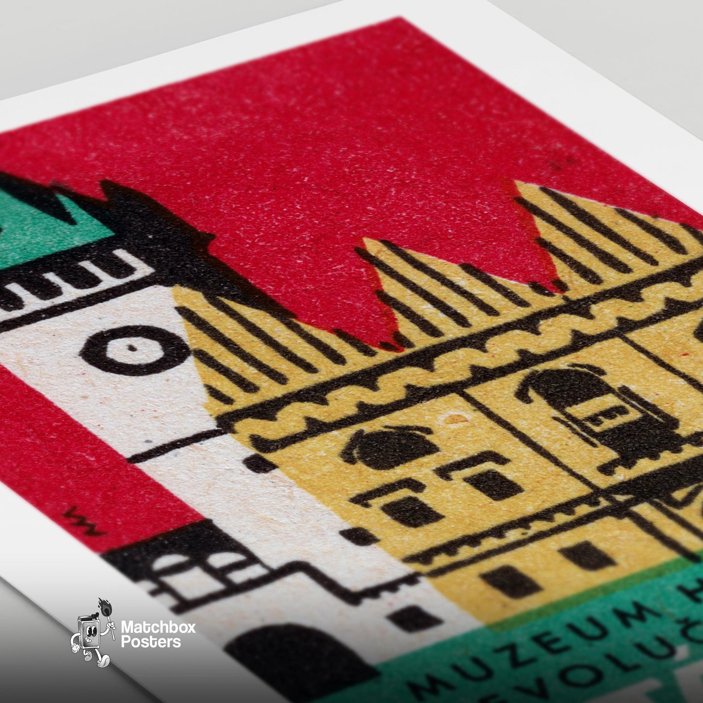 Historical Building Clock Tower - vintage matchbox label print - close-up detail
