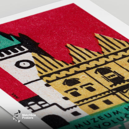 Historical Building Clock Tower - vintage matchbox label print - close-up detail