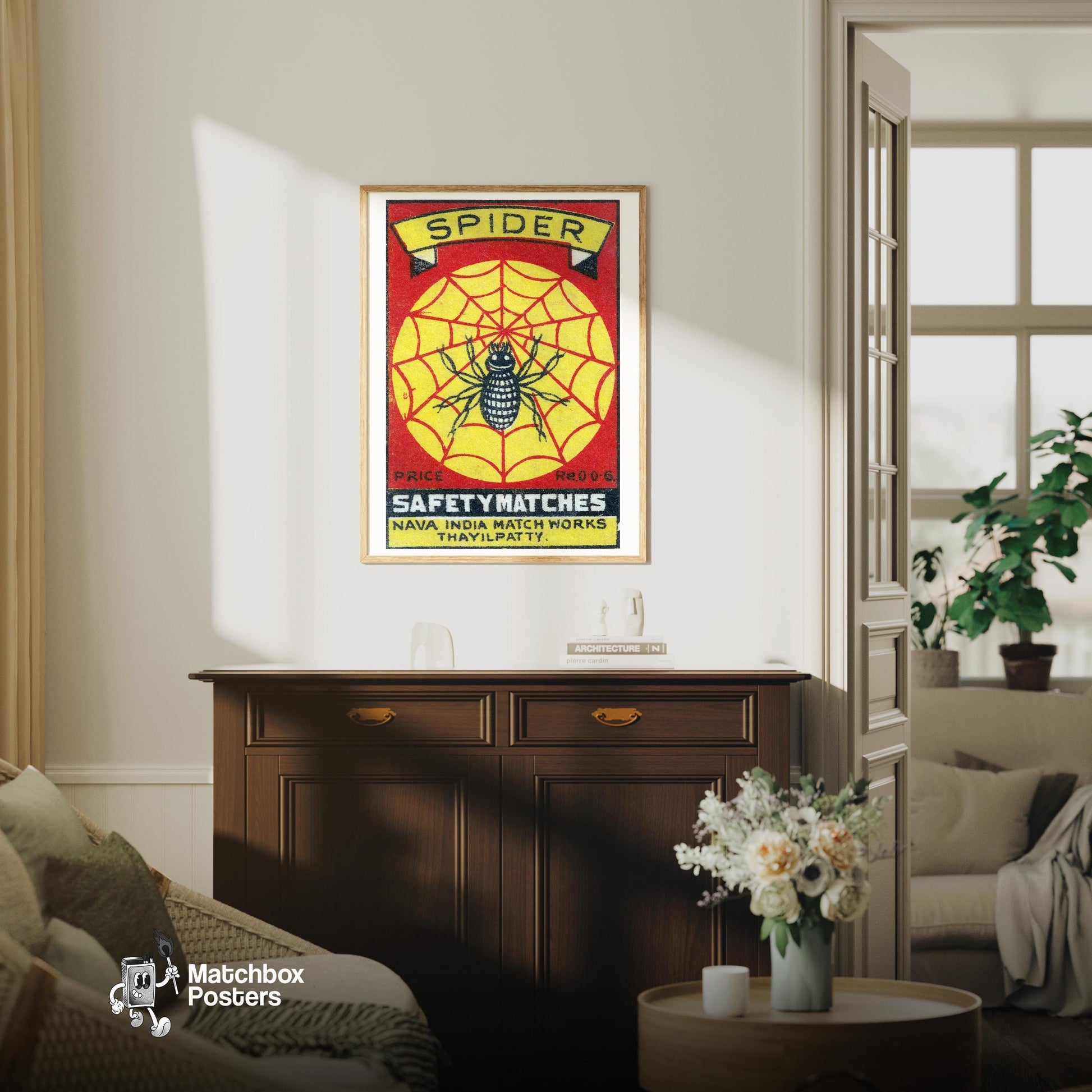 Black Spider - vintage matchbox label print - living room mockup