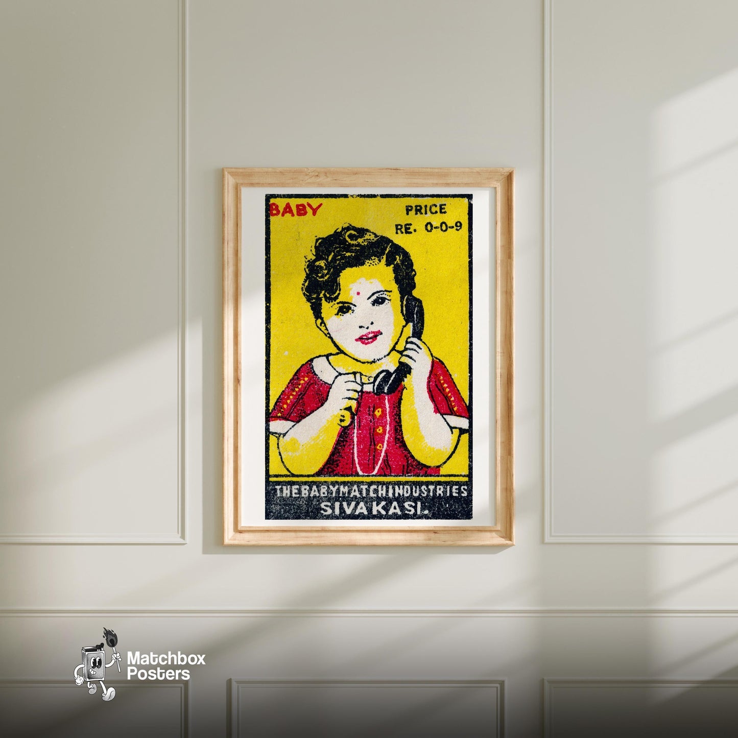 Child with Telephone - vintage matchbox label print - bedroom mockup