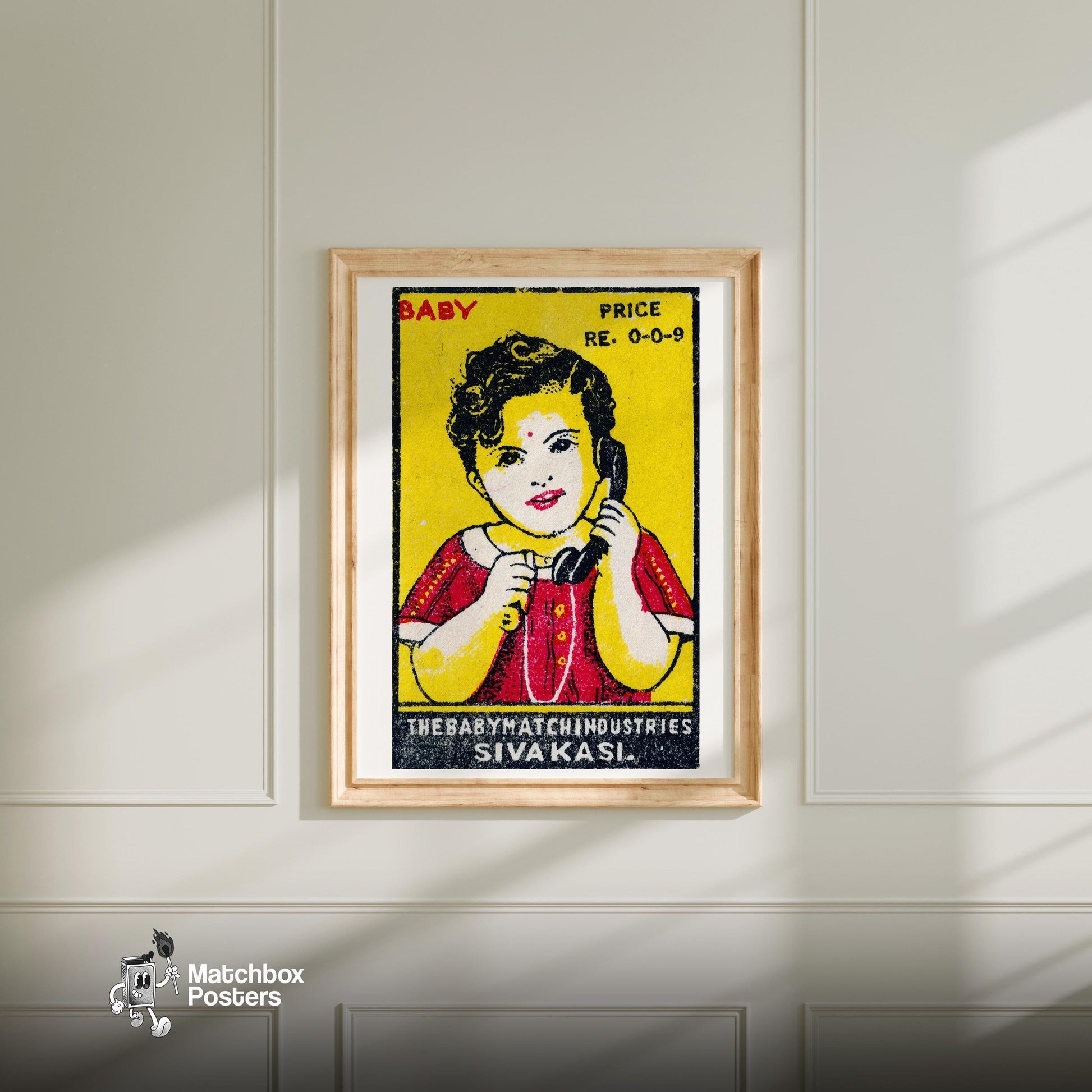 Child with Telephone - vintage matchbox label print - bedroom mockup