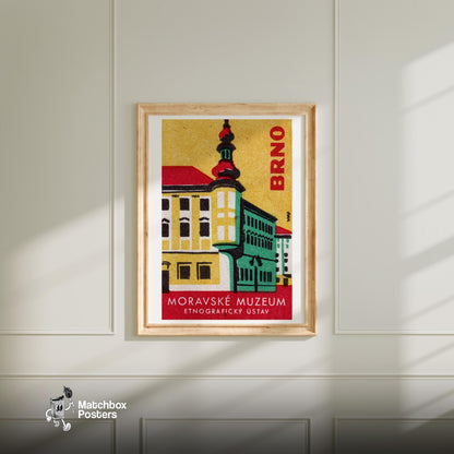 Illustration Of Moravské Muzeum Building - vintage matchbox label print - bedroom mockup