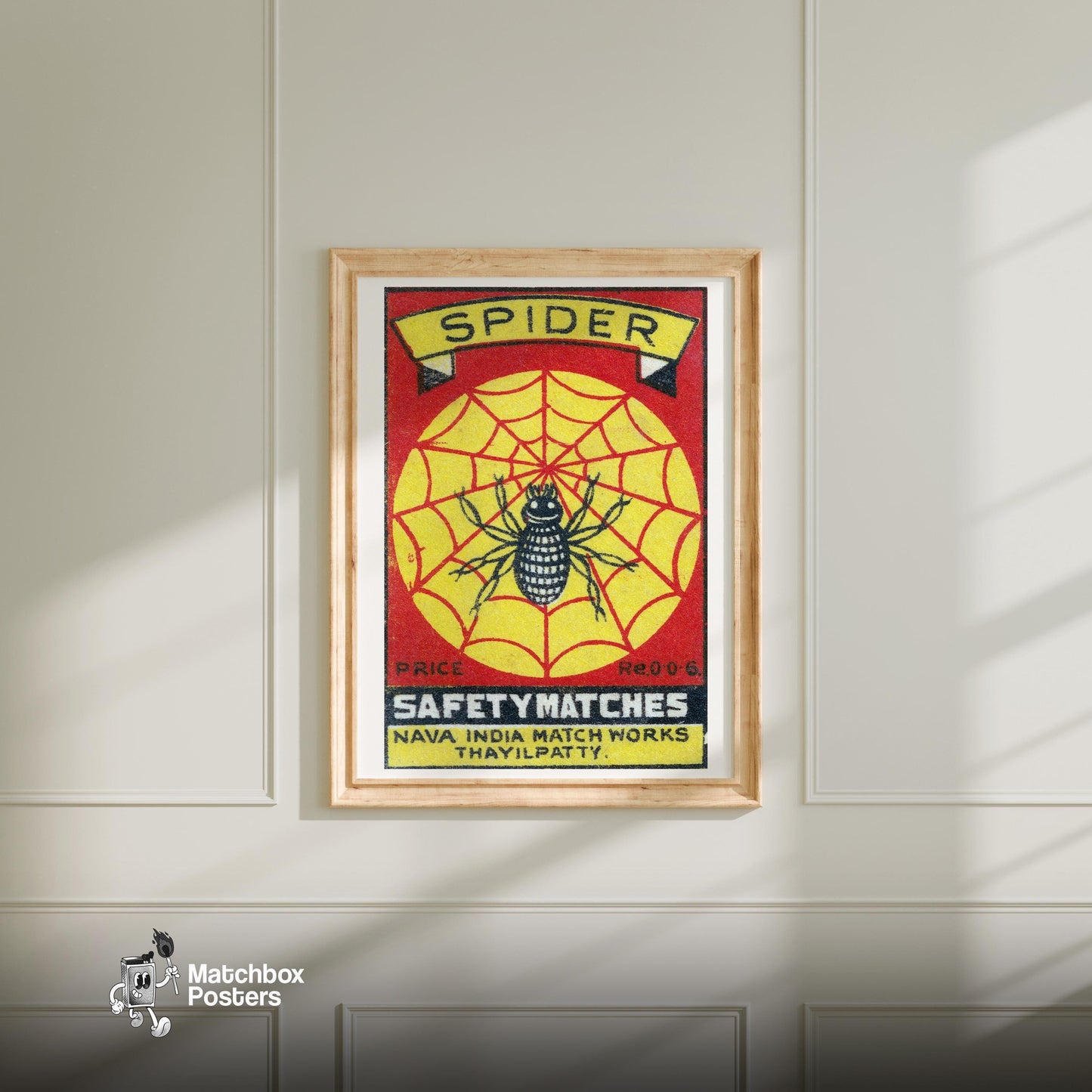 Black Spider - vintage matchbox label print - bedroom mockup