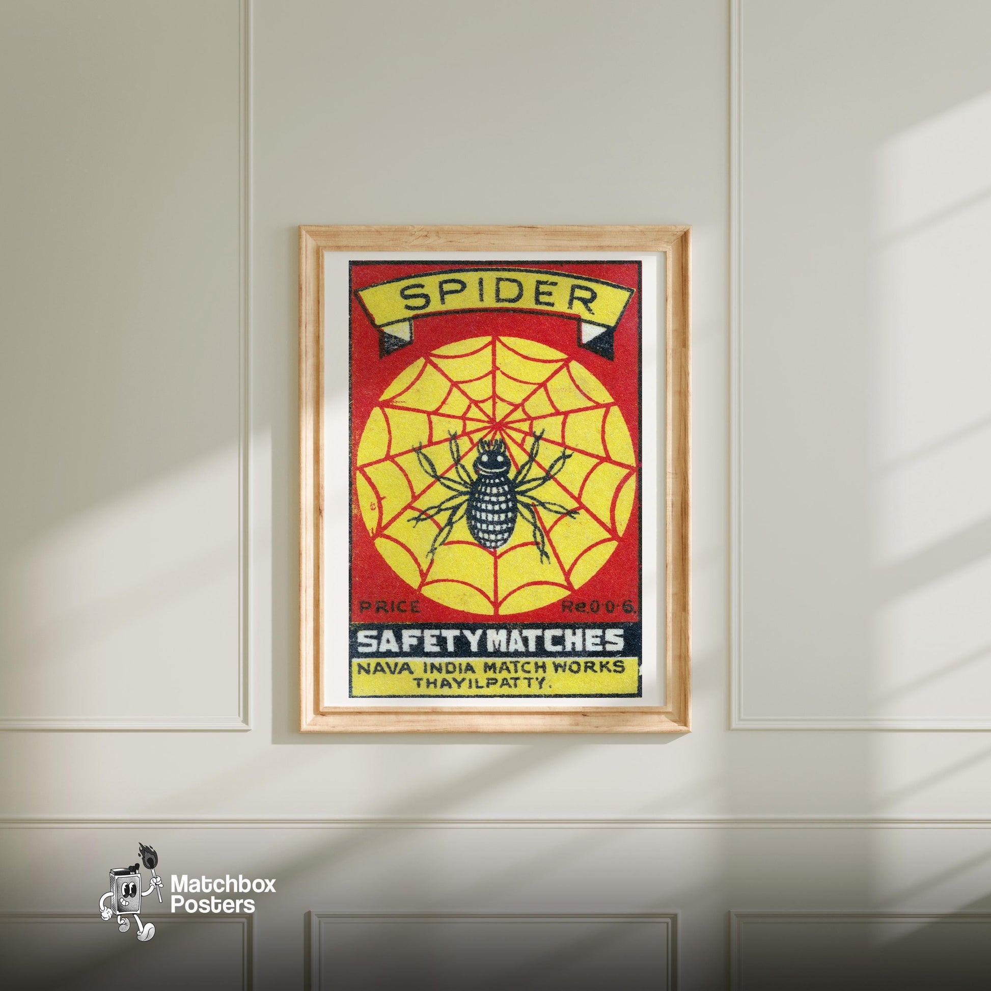 Black Spider - vintage matchbox label print - bedroom mockup