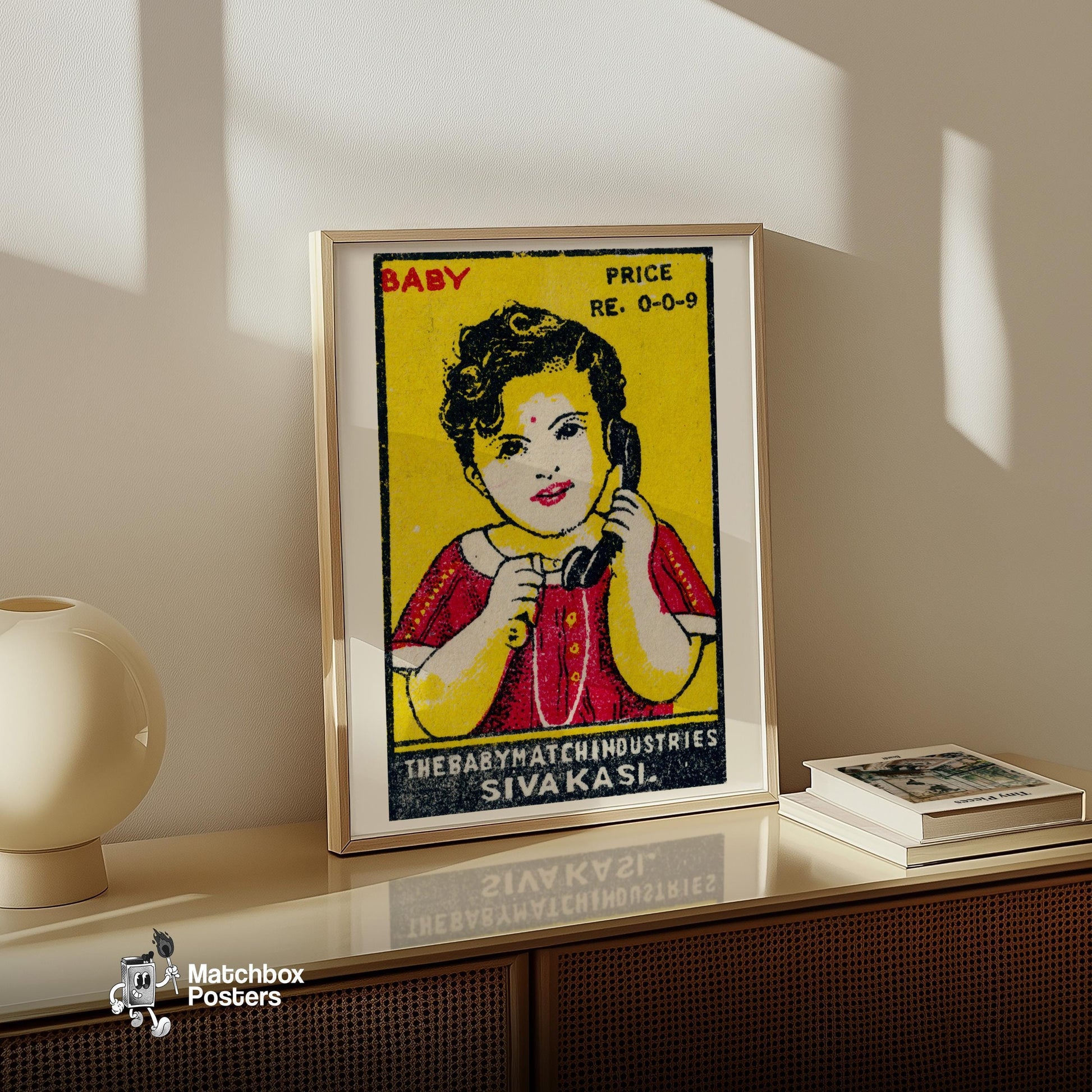 Child with Telephone - vintage matchbox label print - size comparison