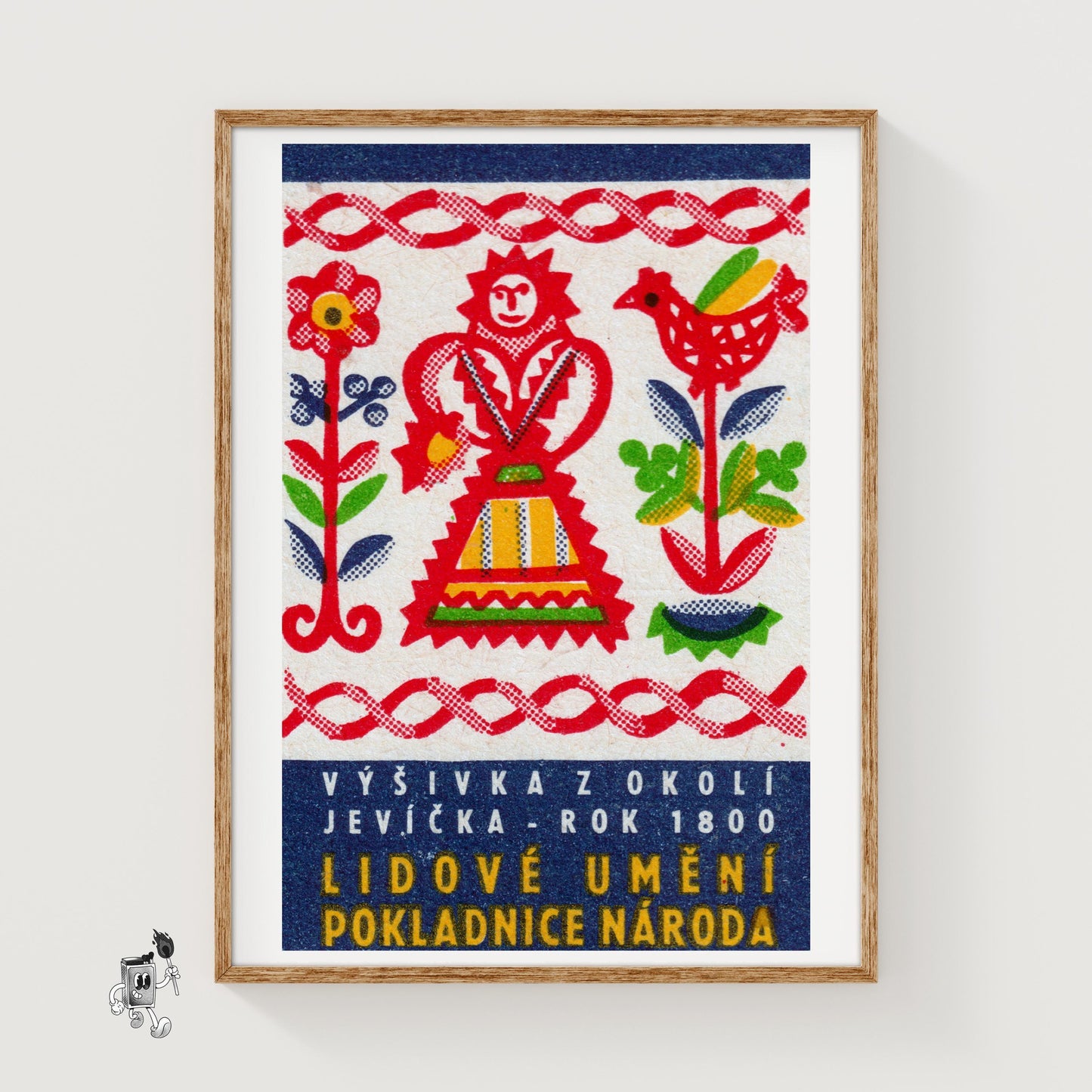 Folk Sunflower Woman and Bird - vintage matchbox label print