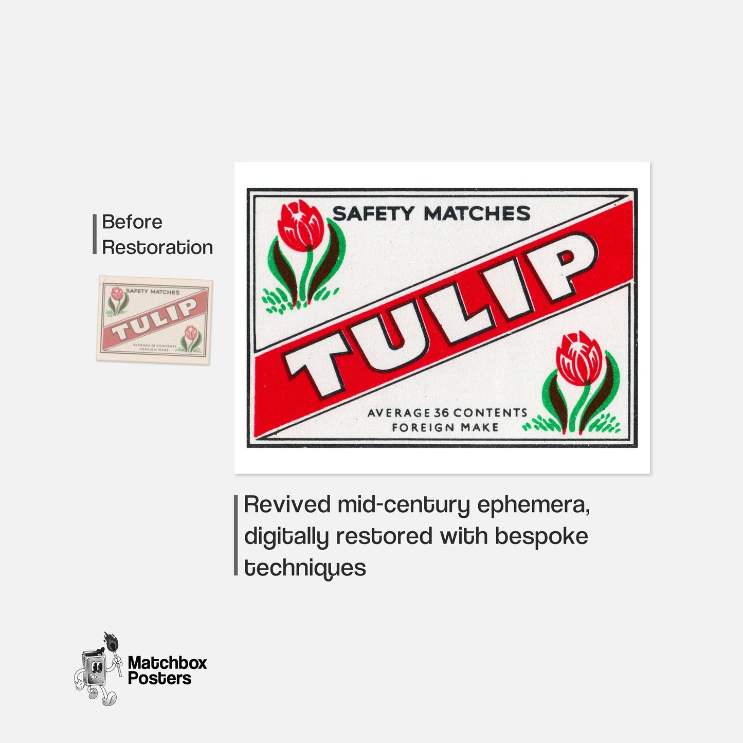 Red Tulip - vintage matchbox label print - framed wall art preview
