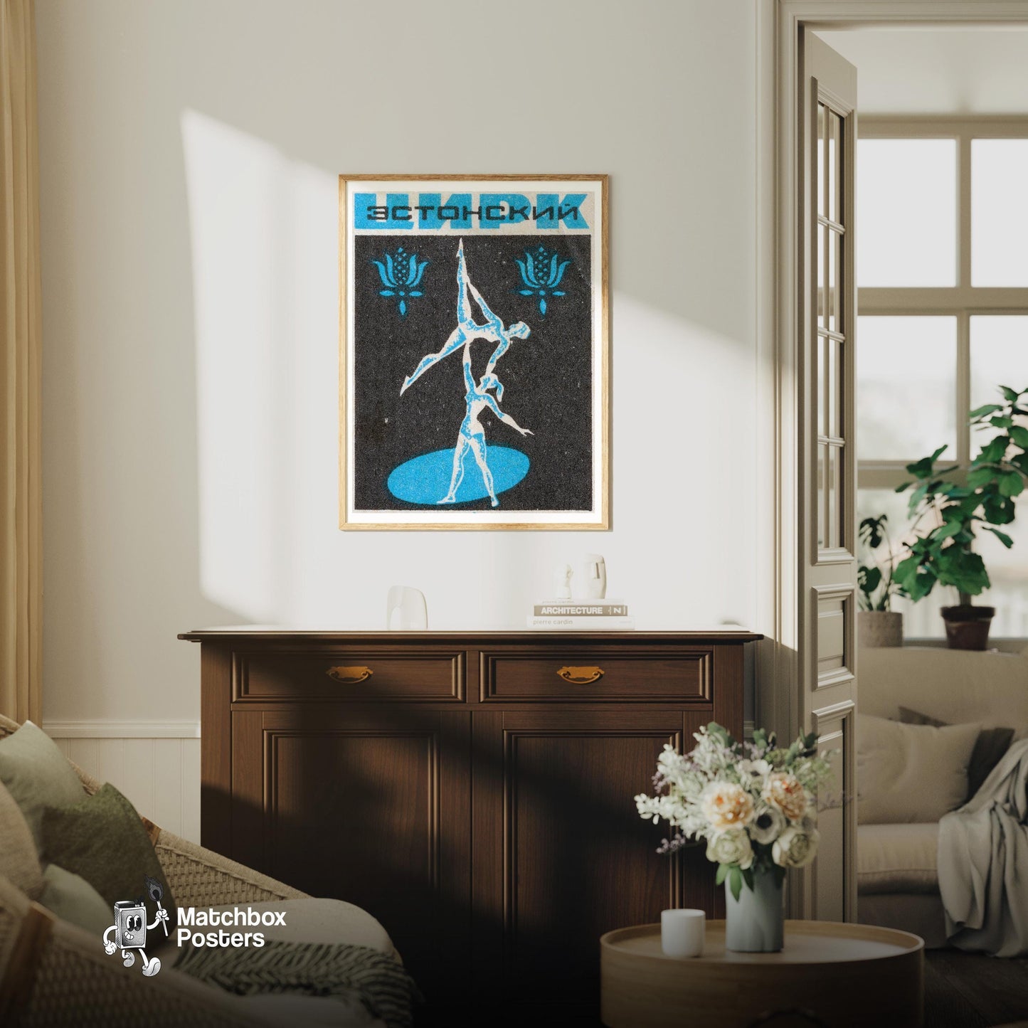 Acrobats - vintage matchbox label print - living room mockup
