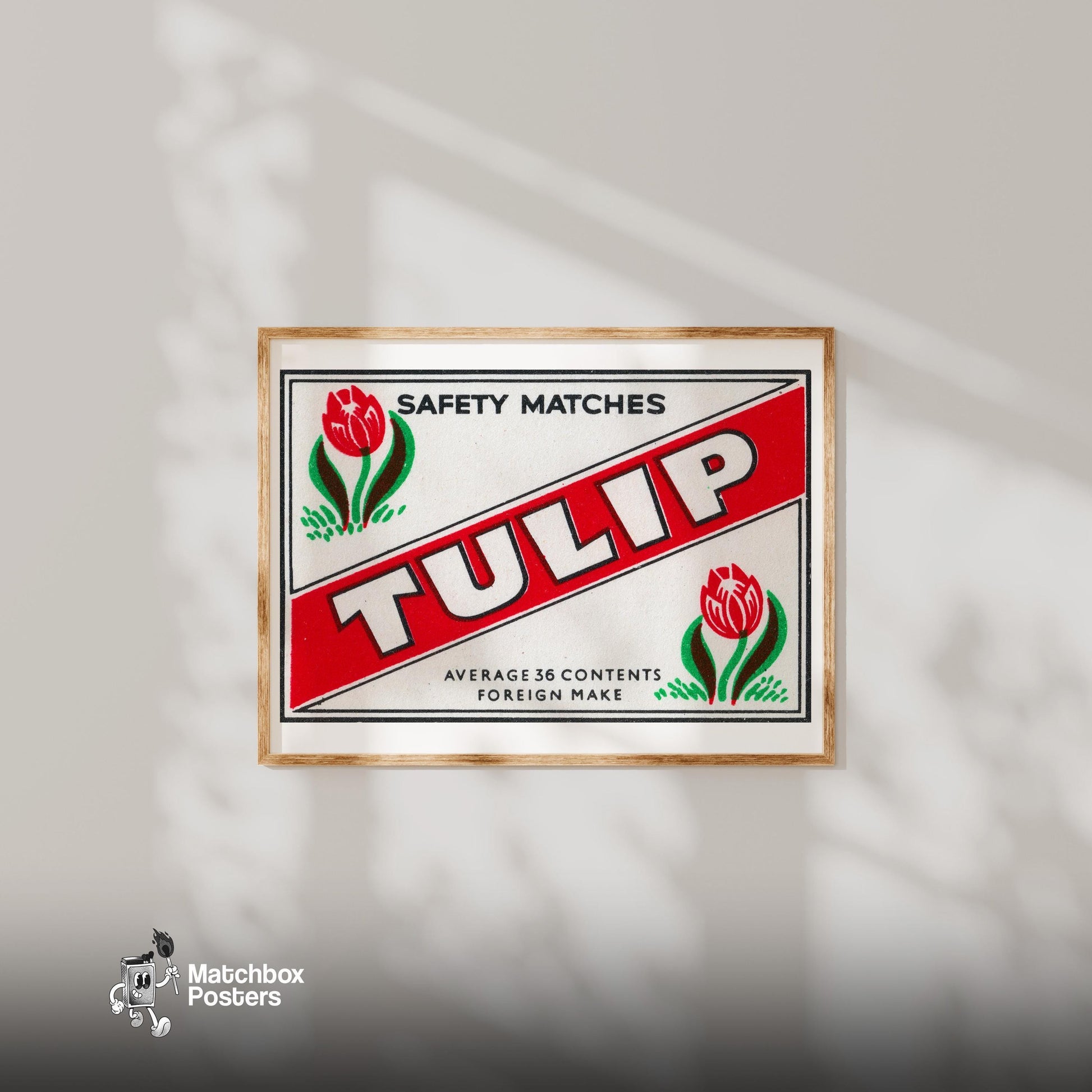 Red Tulip - vintage matchbox label print - bedroom mockup