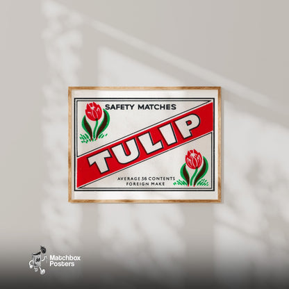 Red Tulip - vintage matchbox label print - bedroom mockup