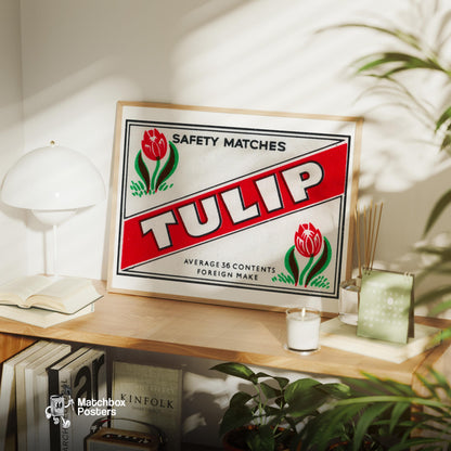 Red Tulip - vintage matchbox label print - office wall