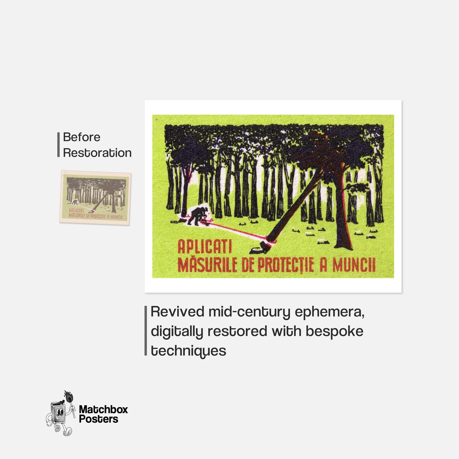 Worker Cutting Tree - vintage matchbox label print - framed wall art preview