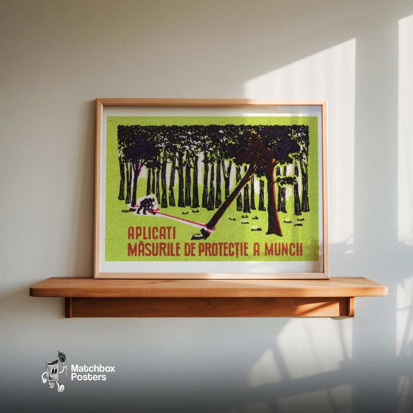 Worker Cutting Tree - vintage matchbox label print - size comparison