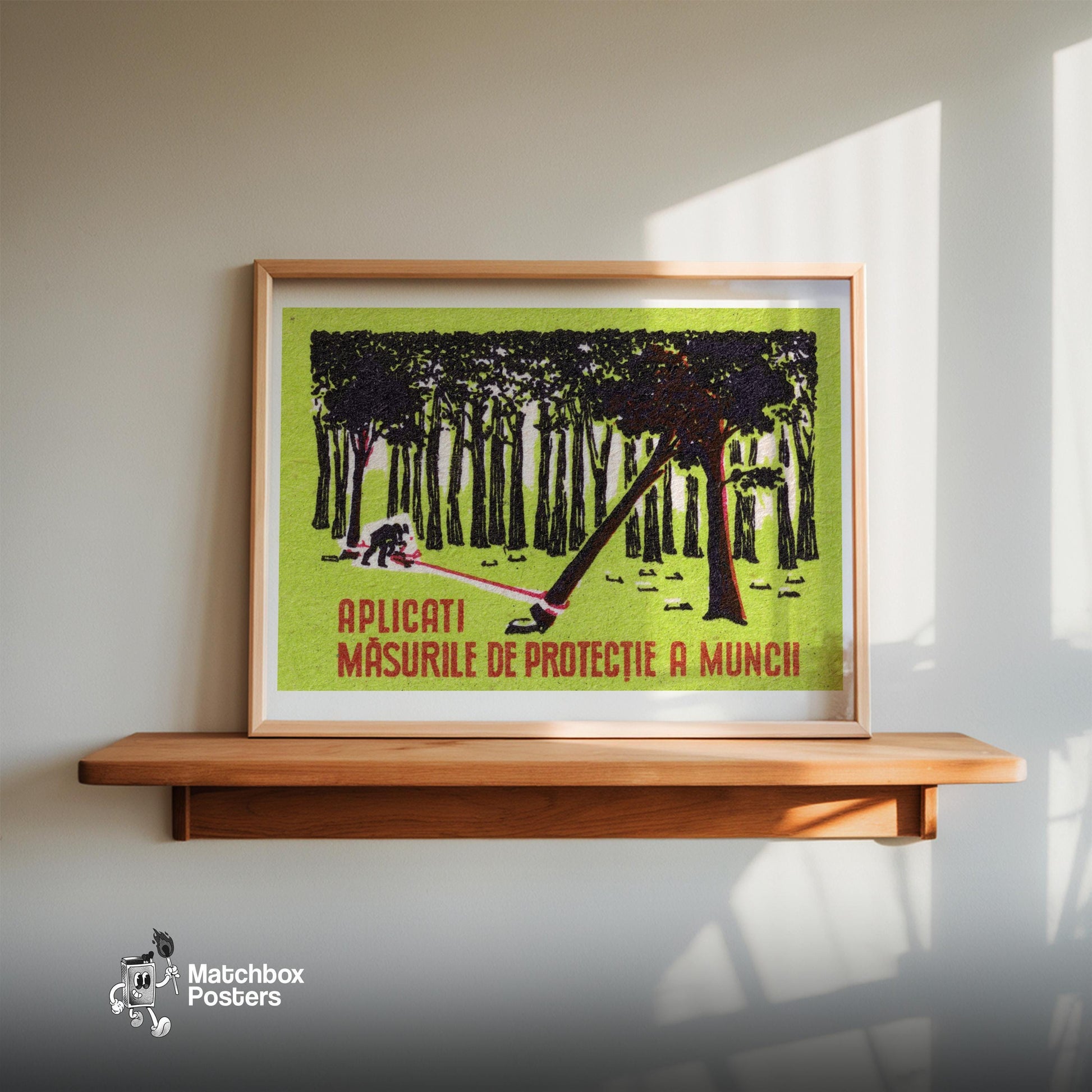 Worker Cutting Tree - vintage matchbox label print - size comparison