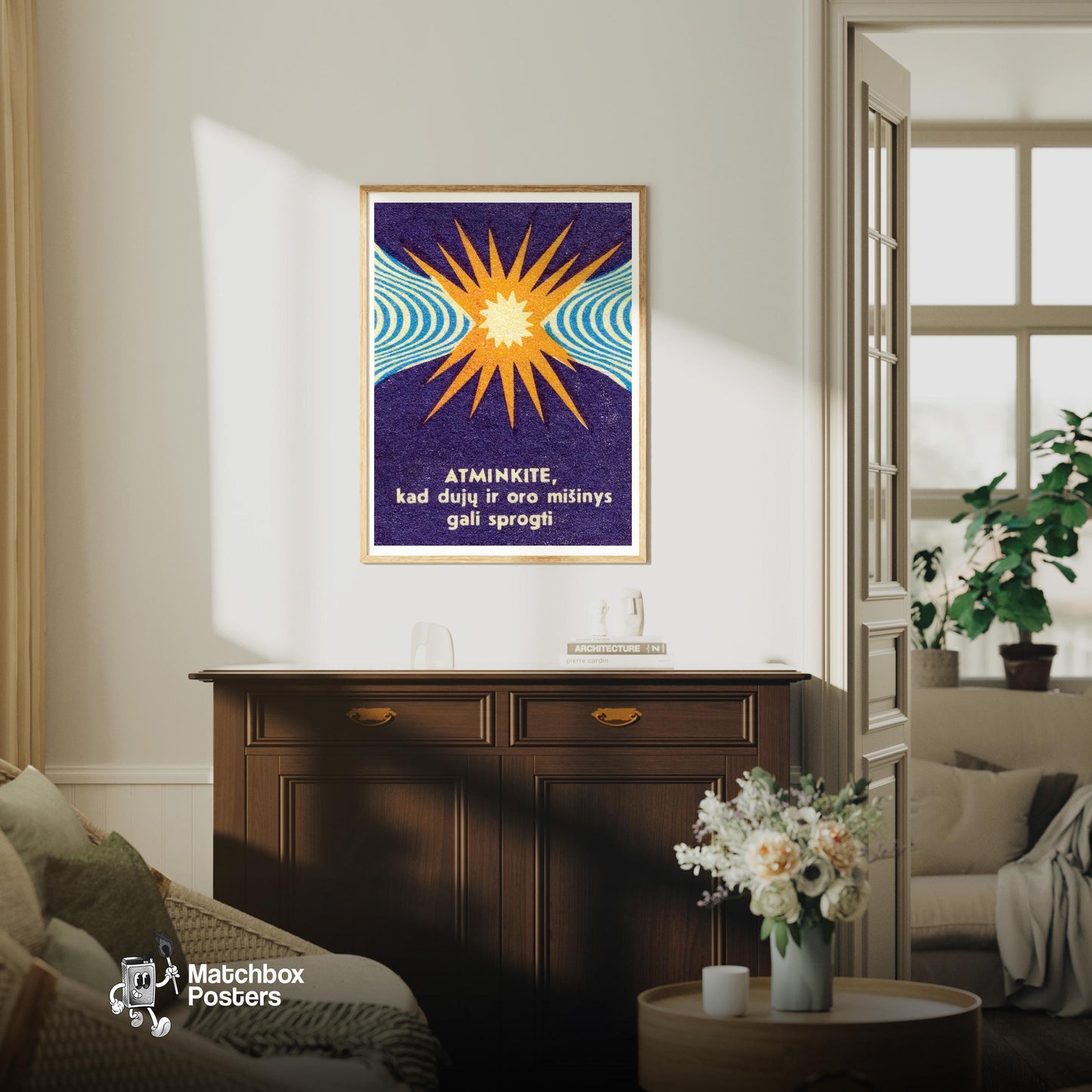 Gas and Air May Explode - vintage matchbox label print - living room mockup