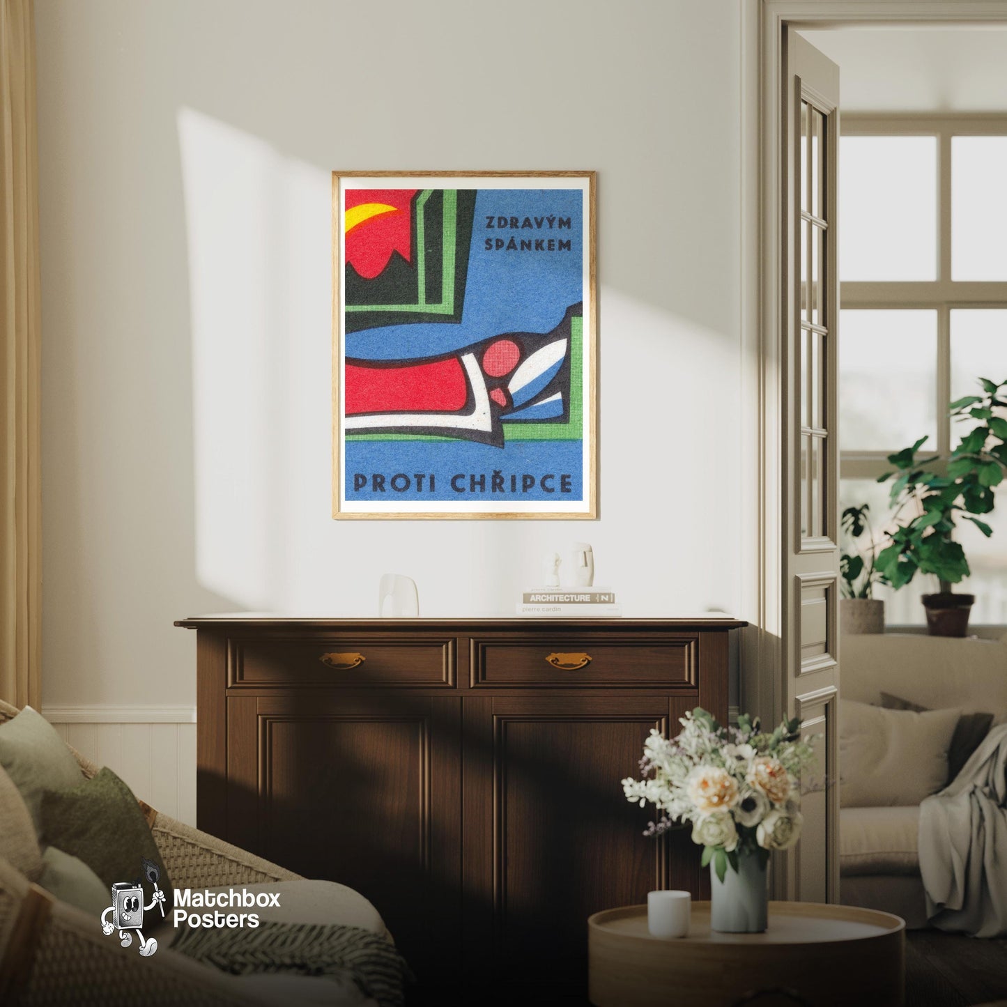 Abstract Geometric - vintage matchbox label print - living room mockup