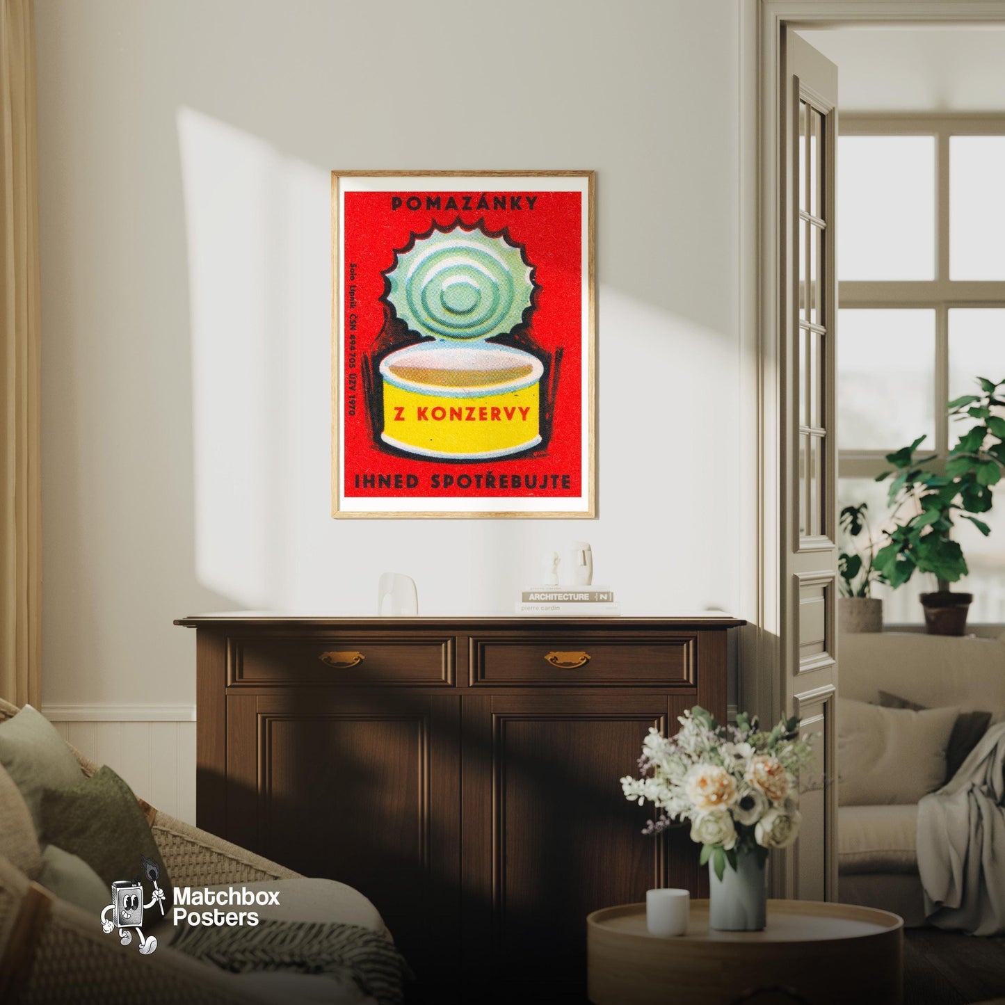 Opened Can - vintage matchbox label print - living room mockup
