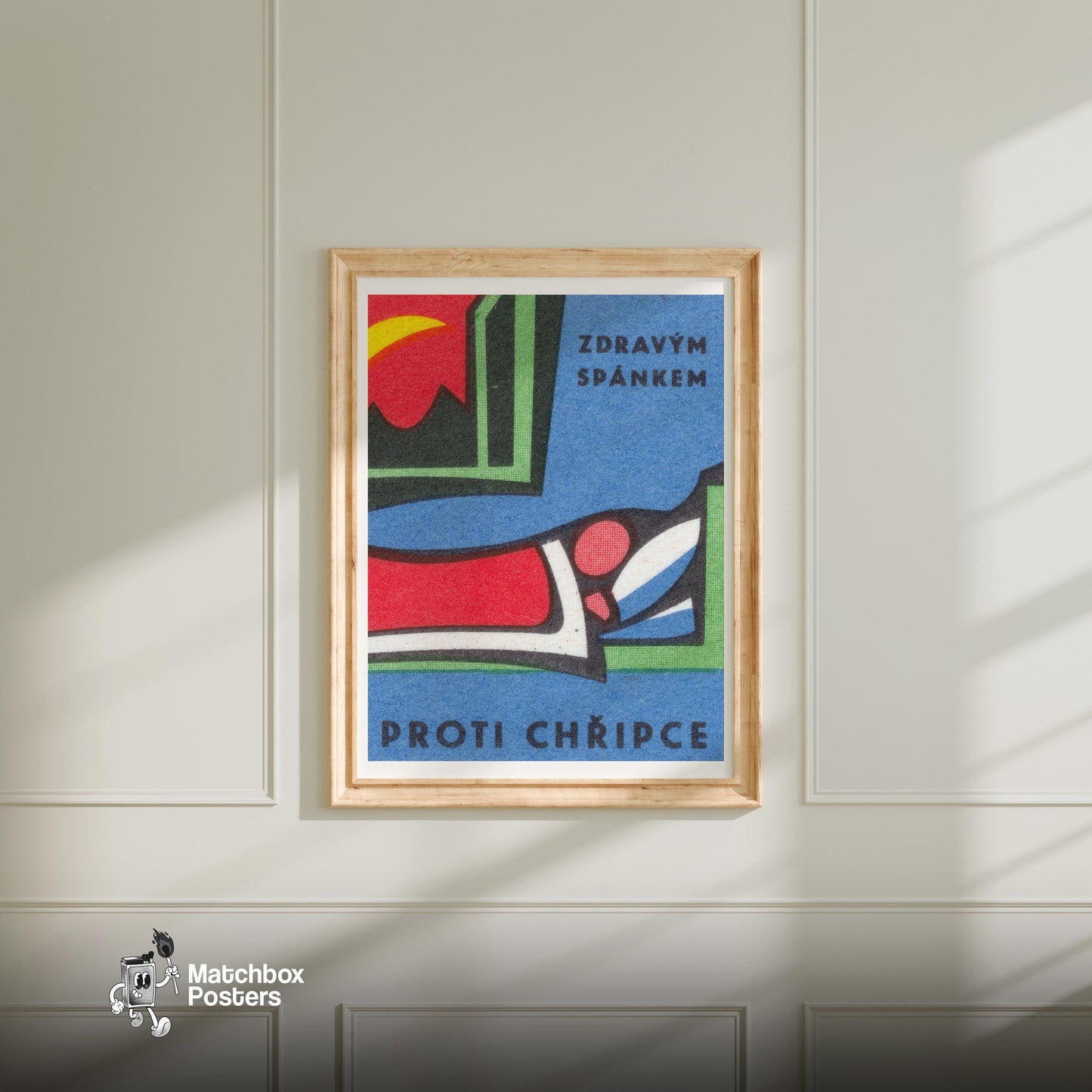 Abstract Geometric - vintage matchbox label print - bedroom mockup