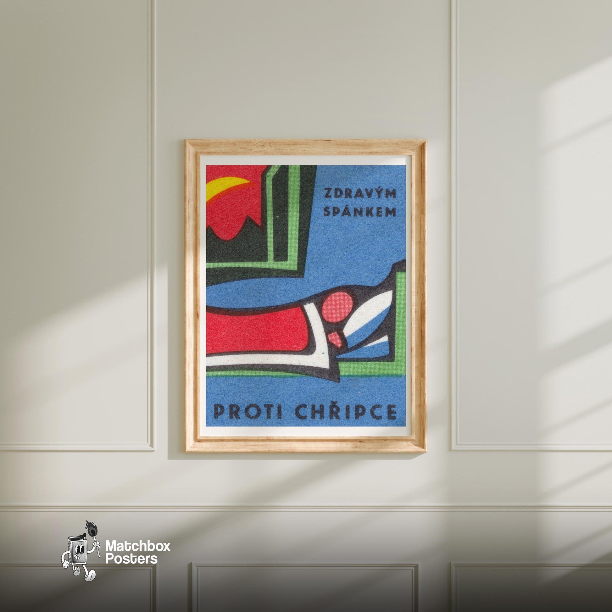 Abstract Geometric - vintage matchbox label print - bedroom mockup