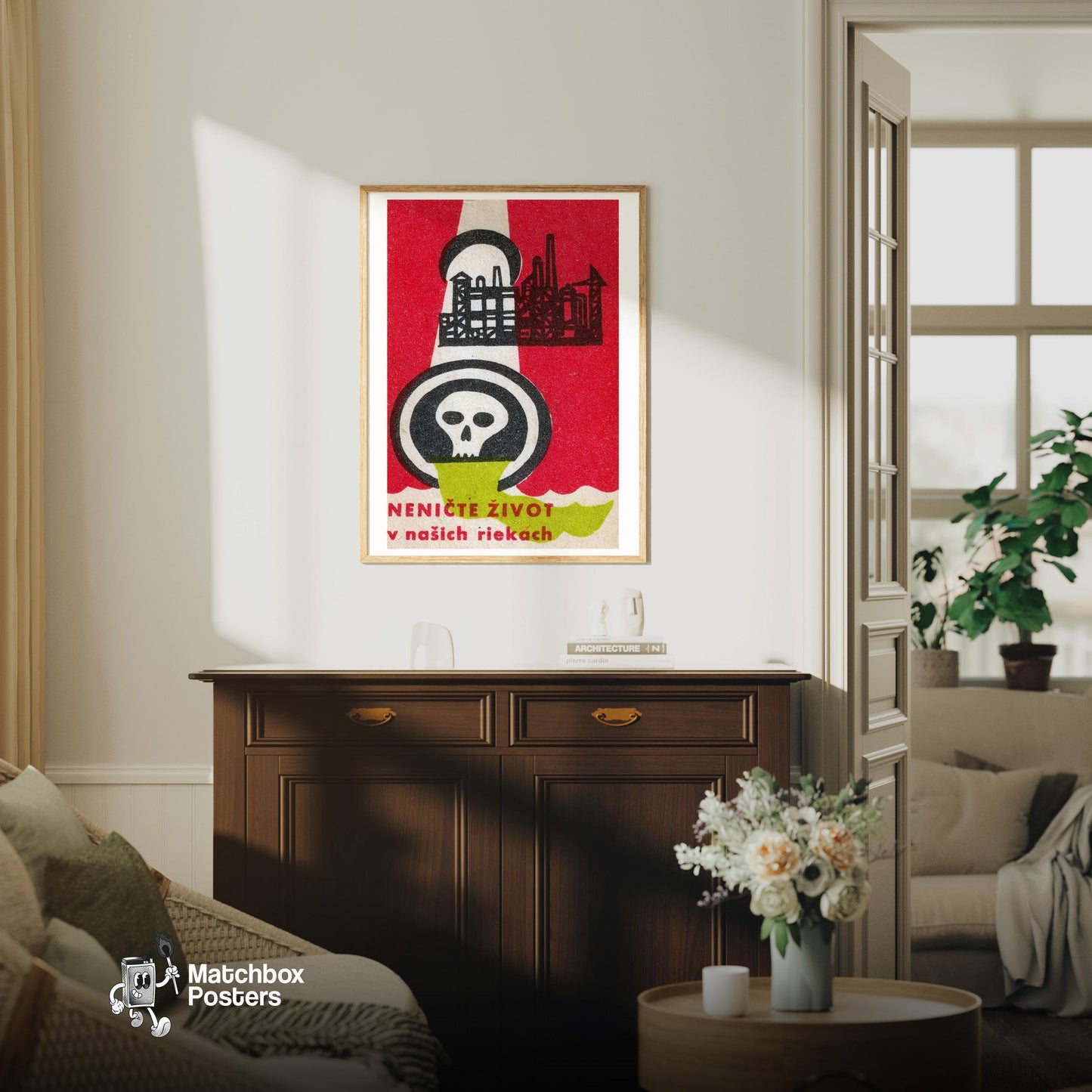 Industrial Buildings - vintage matchbox label print - living room mockup