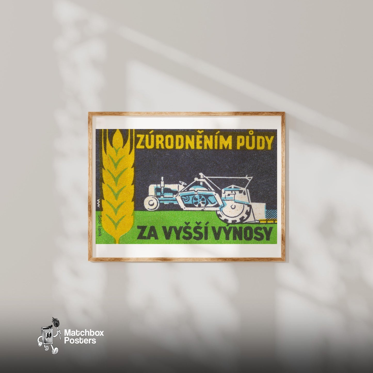 Tractor and Wheat - vintage matchbox label print - bedroom mockup