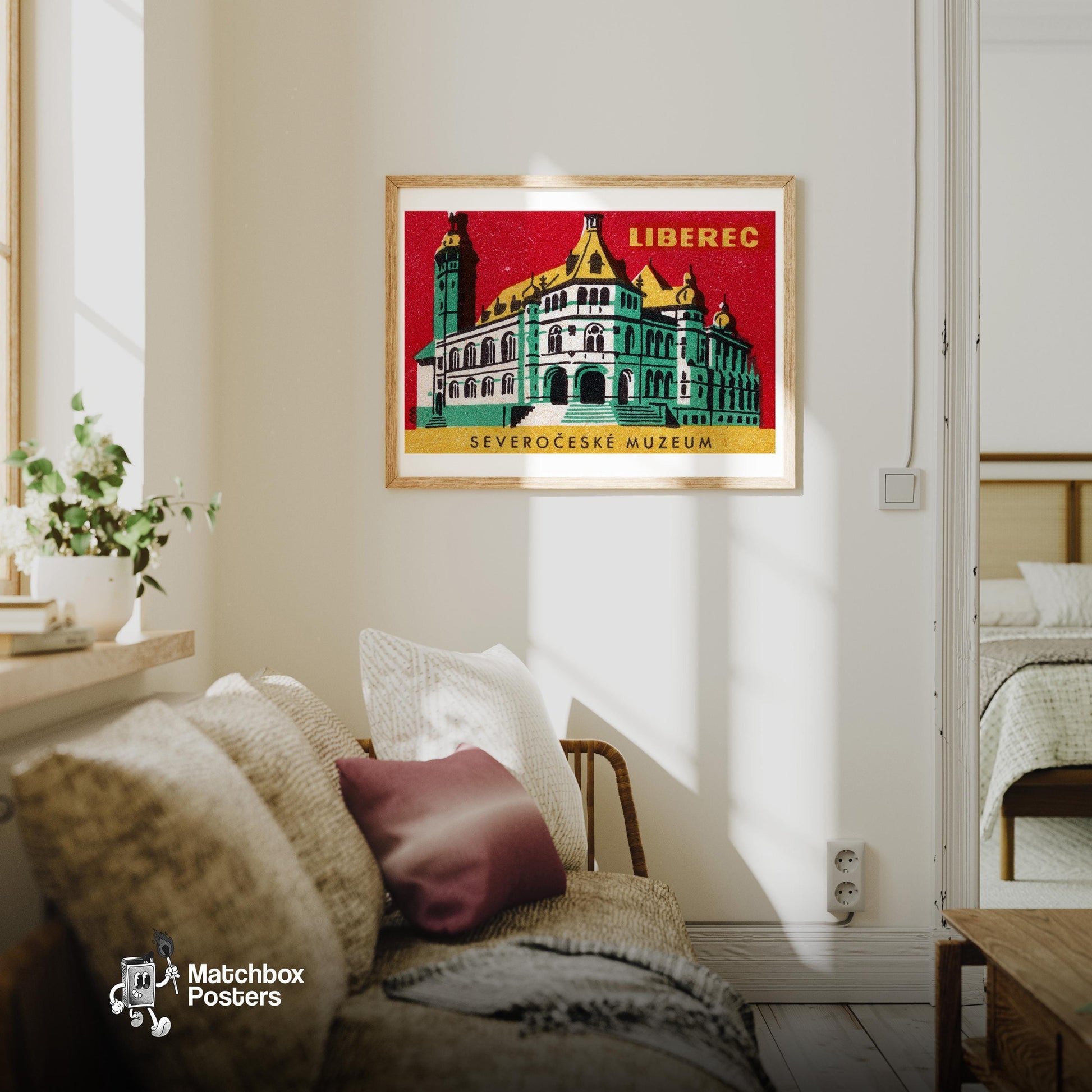 Severočeské Muzeum - vintage matchbox label print - living room mockup