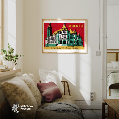 Severočeské Muzeum - vintage matchbox label print - living room mockup