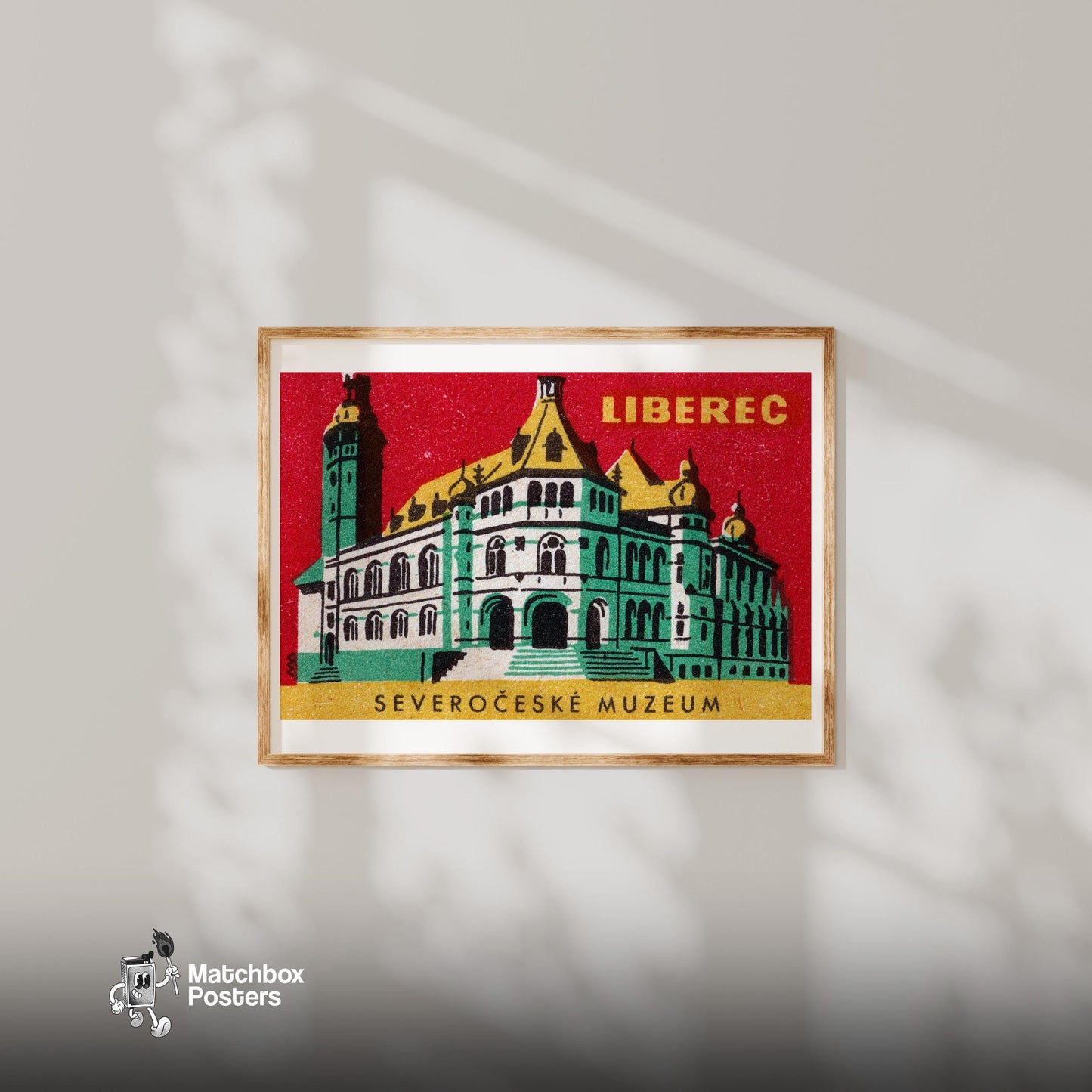 Severočeské Muzeum - vintage matchbox label print - bedroom mockup
