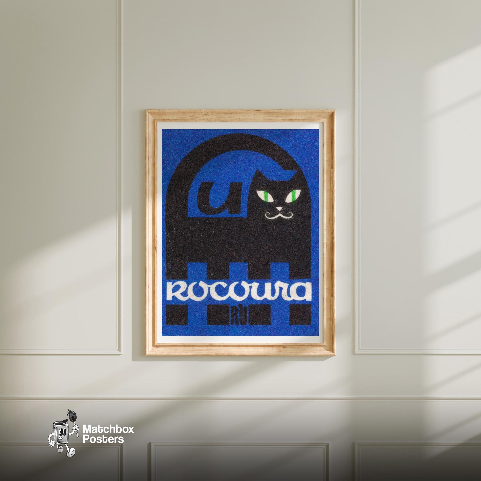 Black Cat - vintage matchbox label print - bedroom mockup