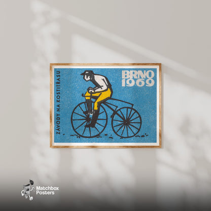 Cyclist on Vintage Bicycle - vintage matchbox label print - living room mockup