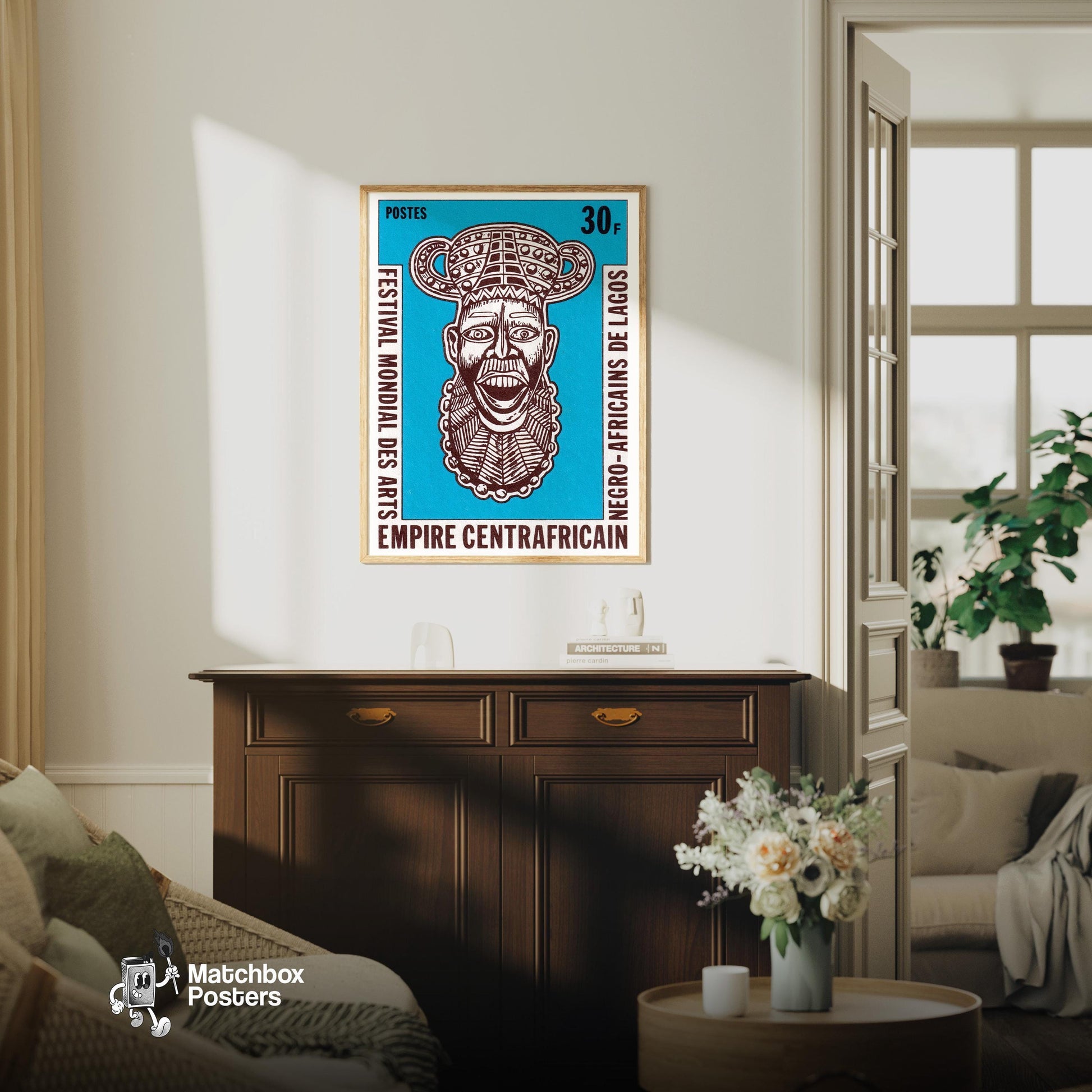 African Mask - vintage matchbox label print - living room mockup