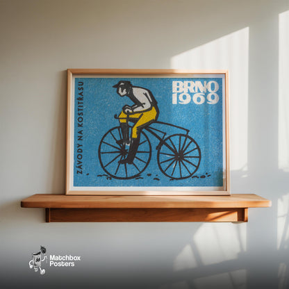 Cyclist on Vintage Bicycle - vintage matchbox label print - bedroom mockup